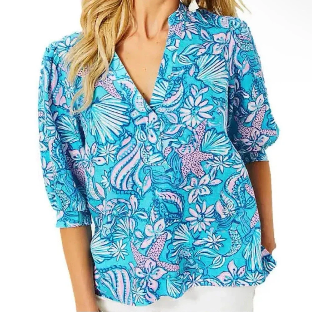 NWT Lilly Pulitzer Mialeigh 100% Linen Top Blouse Women’s 6 Amalfi Blue Sirens